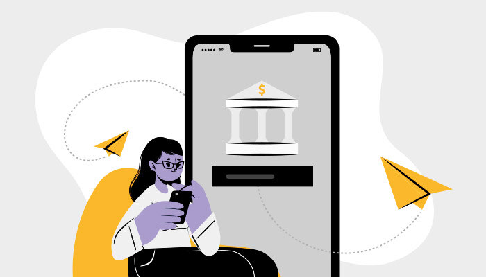 Ilustração de uma mulher mexendo em um celular e, atrás dela, há um celular gigante mostrando um aplicativo de banco