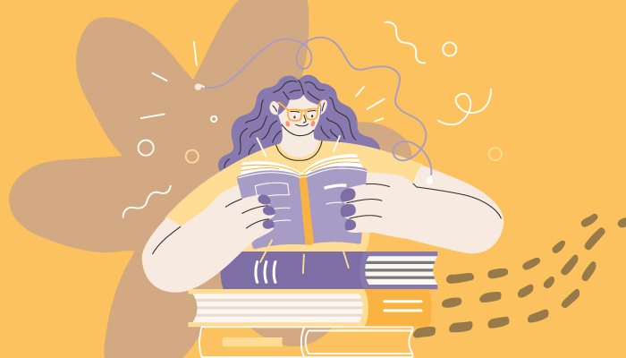 Ilustração: uma mulher lendo um livro, representando o marketing educacional.