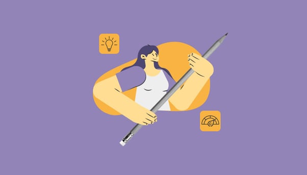 Ilustração abstrata: mulher com um lápis na mão, enquanto vários símbolos relacionados à arte flutuam ao seu redor.