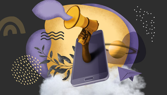 Ilustração de um braço saindo da tela de um celular. A mão segura um megafone.