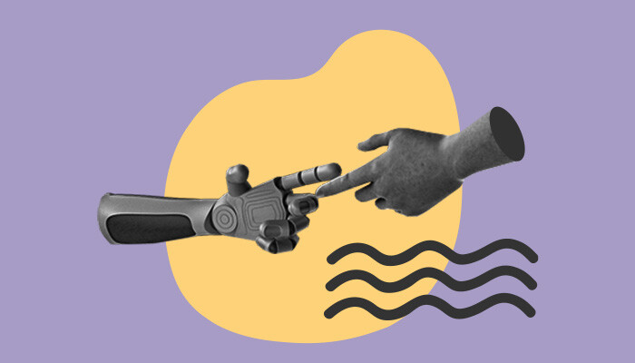 Uma mão robótica e uma humana se tocando.