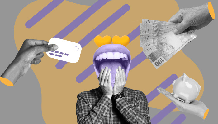 Imagem abstrata: homem com uma boca no lugar do rosto rodeado por ícones relacionados às finanças (dinheiro vivo, cofre e cartão de crédito).