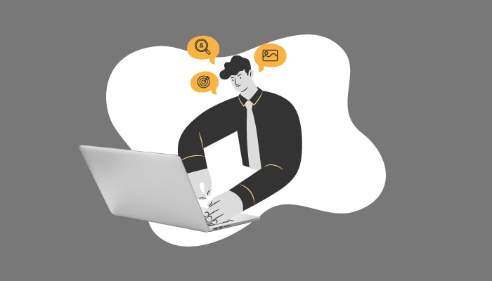 Ilustração mostra homem fazendo buscas usando um laptop.