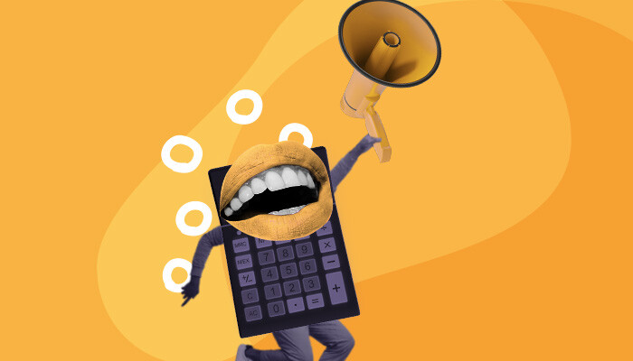 Ilustração abstrata: uma calculadora com uma boca segurando um megafone.