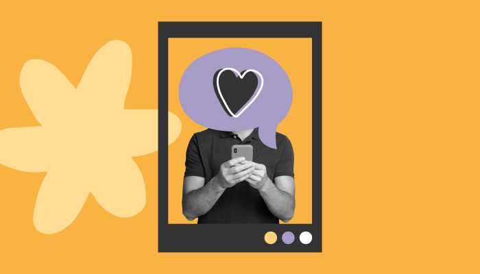 Imagem abstrata: um homem com um smartphone em mãos. No lugar da sua cabeça há um balão com um coração.