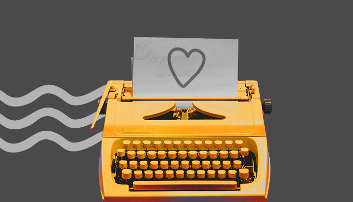 Ilustração: uma máquina de escrever, na qual há uma folha de papel com um coração desenhado.