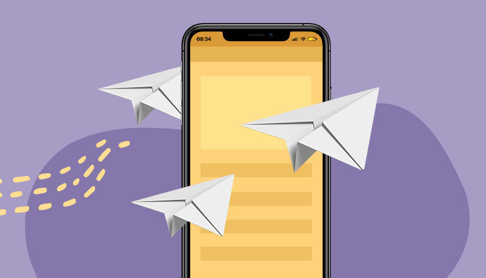 Ilustração: três aviões de papel passam em frente a uma tela de dispositivo móvel.