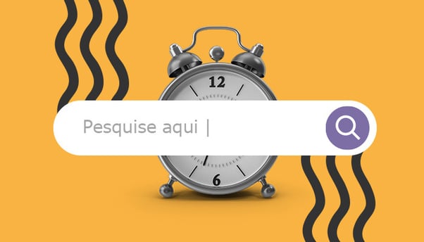 Uma barra de pesquisas com os dizeres "pesquise aqui". Por detrás da barra há um relógio.