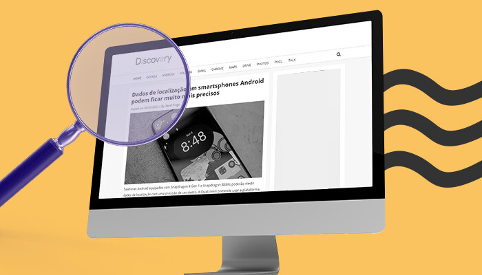 Ilustração: uma lupa sobre a tela de um computador, na página inicial do Google Discovery.
