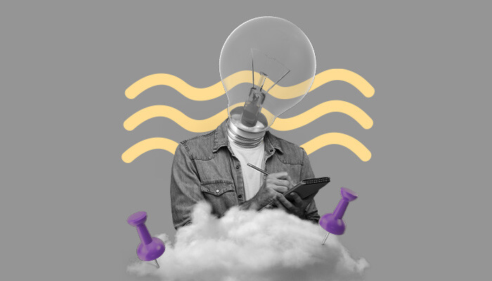 Ilustração abstrata: um homem com um dispositivo eletrônico em mãos. No lugar da cabeça, há uma lâmpada.