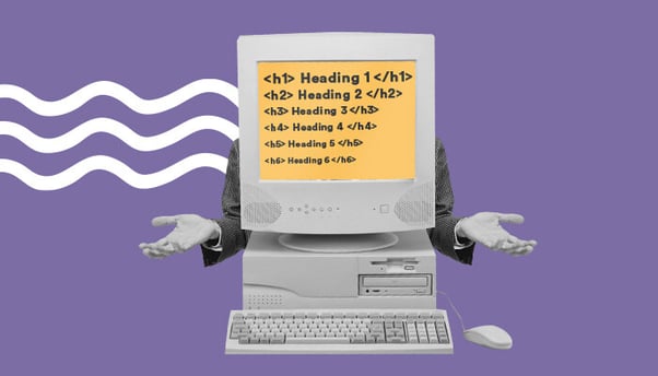 Ilustração abstrata: um computador do qual saem dois braços. Na tela, vemos uma estrutura de heading tags.