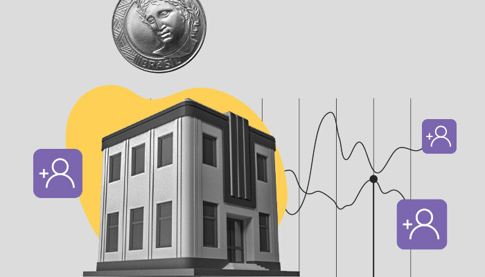 Vários ícones sociais saem de uma instituição financeira, sobre a qual há uma moeda de 1 real.