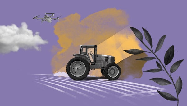 Ilustração: um trator agrícola sobre a colheita e um drone sobrevoando o campo.