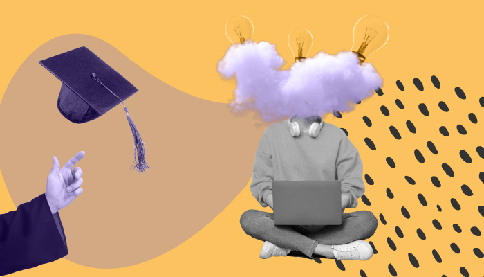 Imagem abstrata: uma pessoa estudando com o notebook no colo. No lugar de sua cabeça há uma nuvem.