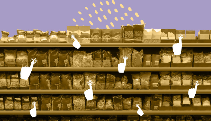 Imagem: vários ícones de clique em produtos alimentícios, representando as compras online de alimentos.