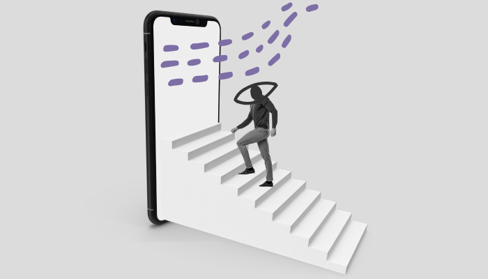 Um homem subindo uma escada em direção a um celular, representando uma página destino