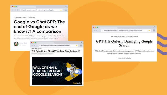 Imagens de veículos de imprensa noticiando a ameaça do GPT-3 ao Google.