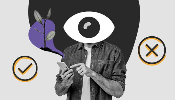 Imagem abstrata: homem mexe no smartphone com um balão de pensamento com uma muda de planta. No lugar de sua cabeça há um olho.