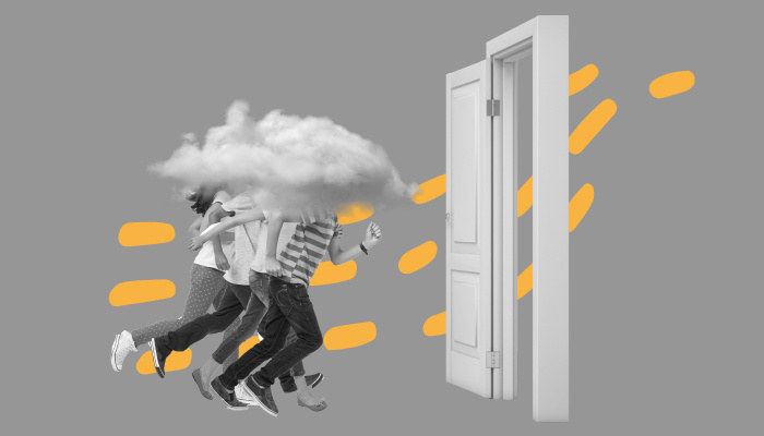 Imagem abstrata: alunos correm em direção a uma porta. No lugar de suas cabeças há uma nuvem.