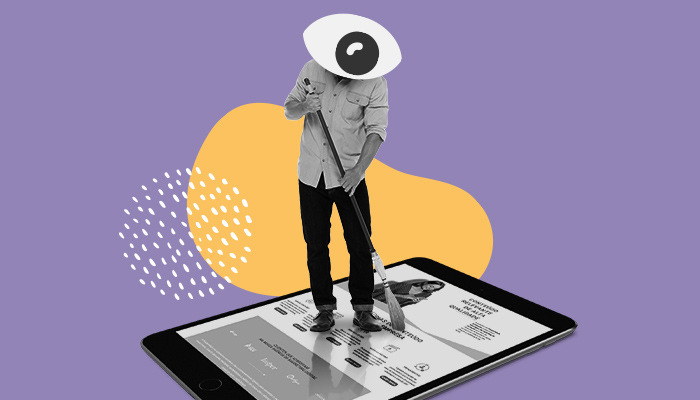 Ilustração abstrata: homem com um olho no lugar da cabeça segura um pincel gigante sobre um tablet.