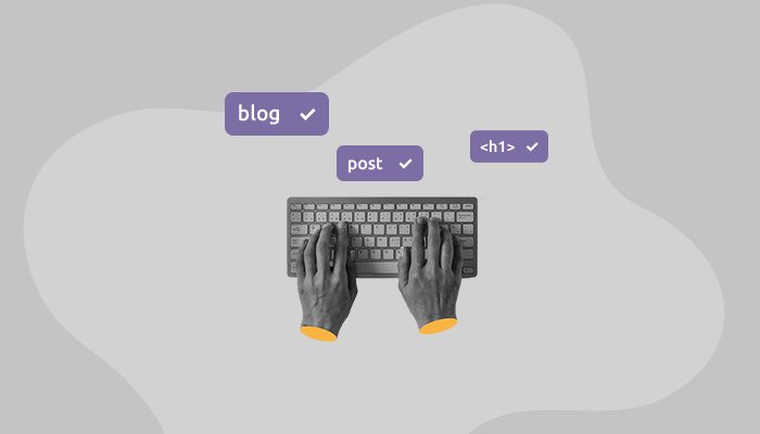 Montagem mostra pessoa digitando em um teclado e ícones de blog, post e h1 aparecendo ao redor