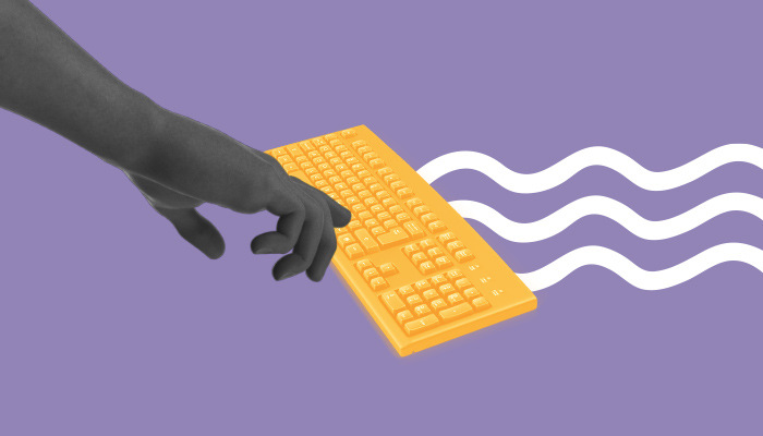 Ilustração: uma mão esticada para apertar um botão de um teclado.