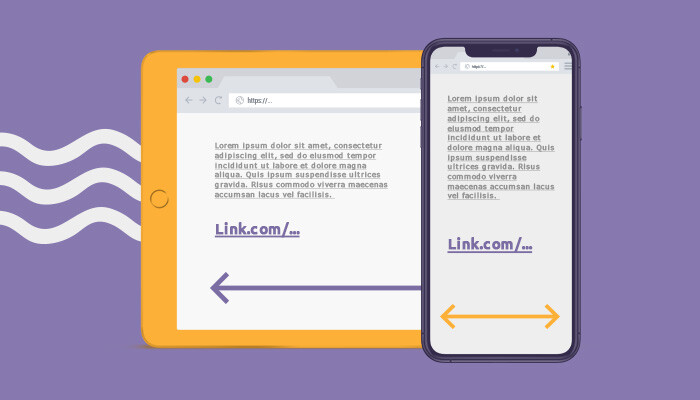 Ilustração: um smartphone e um tablet com texto e links clicáveis em suas telas. Em cada um deles, há setas apontando para a esquerda e para a direita, representando a linkagem entre elas.