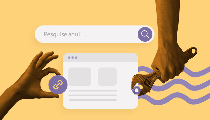 Ilustração: duas mãos seguram um ícone de link clicável e uma ferramenta. Ao fundo, há uma página da web.