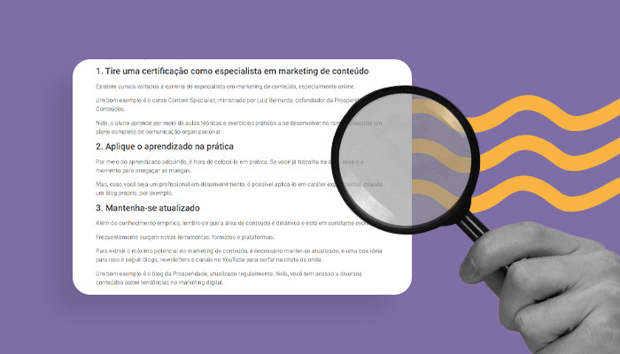 Uma lupa segurada próxima a uma página de conteúdo.
