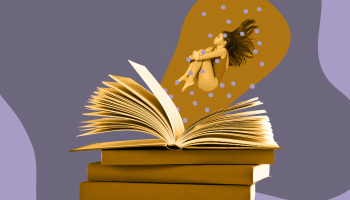 Imagem: uma mulher mergulhando em um livro.