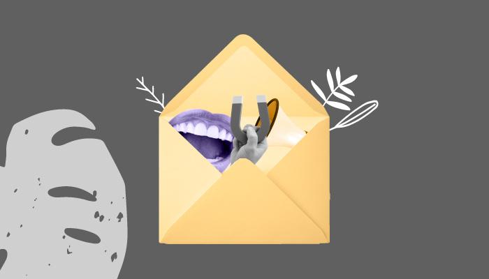 Um envelope de carta do qual saem uma boca, um íma e um megafone.