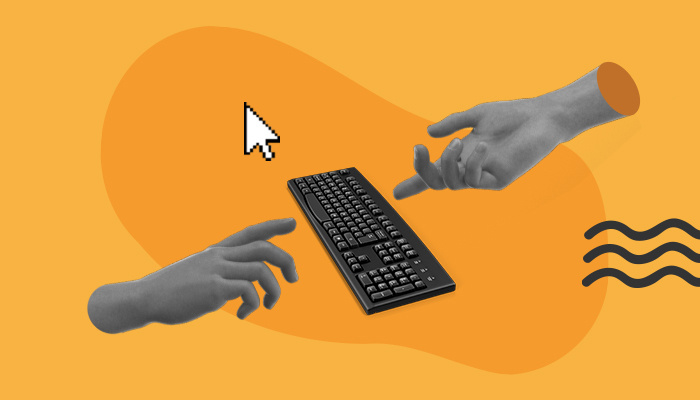Imagem abstrata: duas mãos flutuantes ao redor de um teclado e um cursor de mouse.