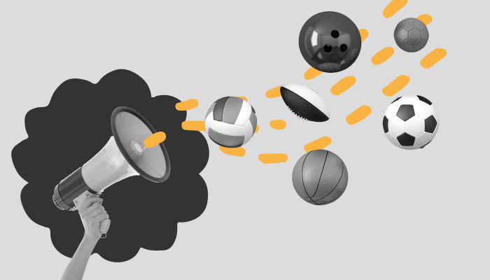 Ilustração: um megafone está repercutindo diversas bolas de esporte