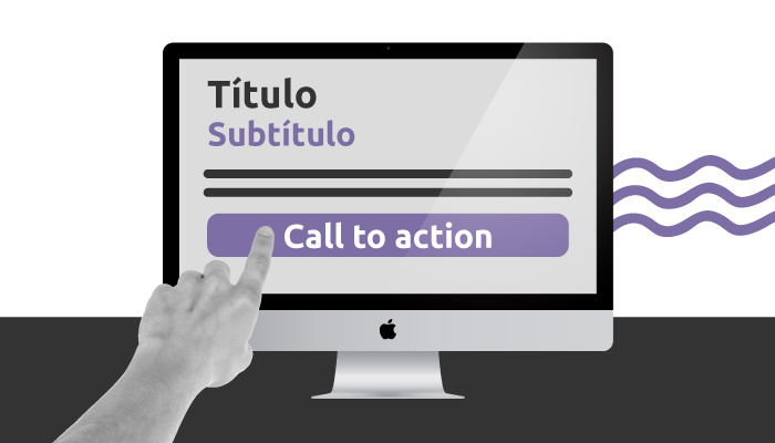 Um computador com a tela escrito "titulo" "subtitulo" e "call to action"