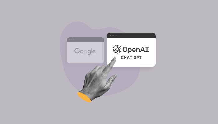 Uma mão seleciona o ícone da OpenAI e do ChatGPT, enquanto deixa de lado o logo do Google.