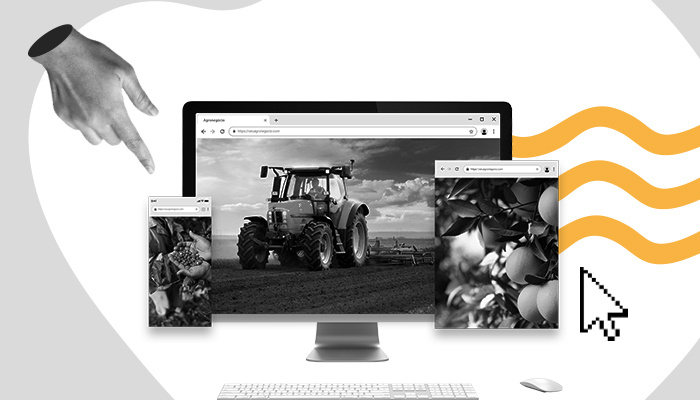 Várias imagens de produtos agrícolas em telas de dispositivos eletrônicos.