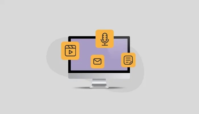 Ilustração traz tele de computador com ícones de mensagem de voz, texto e vídeo