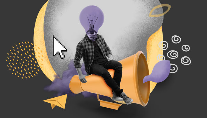 Ilustração de um homem sentado sobre um megafone. No lugar da sua cabeça há uma lâmpada.