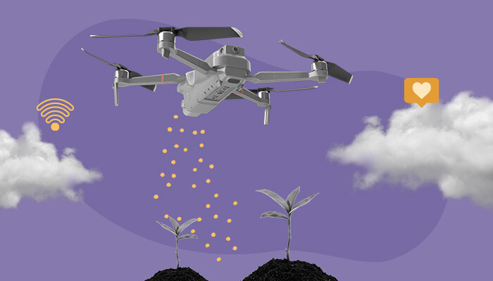 Ilustração: um drone de plantio joga sementes e há duas mudas brotando. Os símbolos do sinal de Wi-Fi e do "gostei" representam a tecnologia.