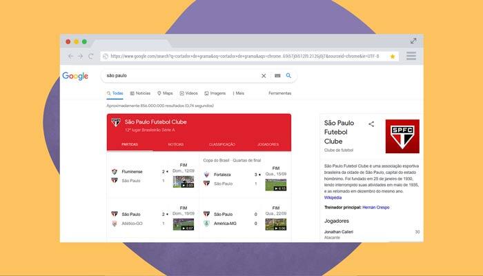 Print de resultado do Google para busca "são paulo". Nesse caso, o resultado exibido se refere ao clube de futebol.