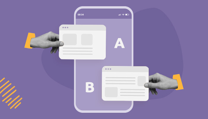 Imagem: duas mãos seguram cards comparativos, representando os testes A/B.
