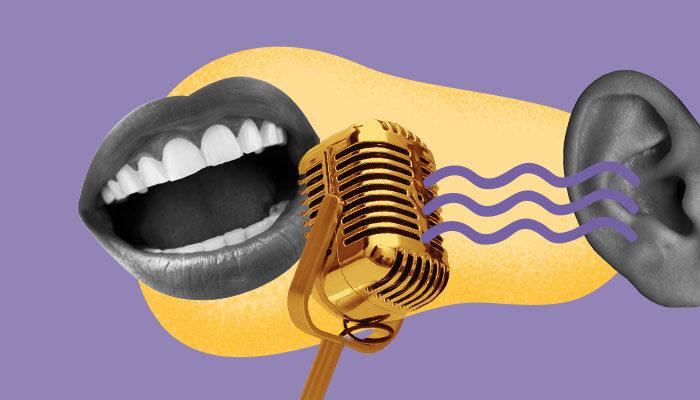 Ilustração abstrata: uma boca fala em um microfone, enquanto ondas sonoras percorrem um caminho até um ouvido.
