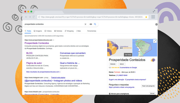 Print screen: primeira página do Google para a busca "prosperidade conteúdos"