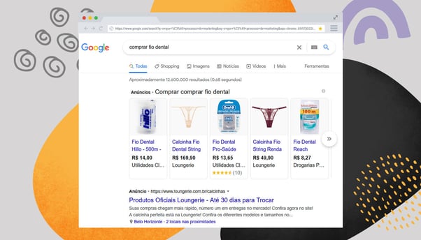 Print screen de pesquisa no Google para o termo "comprar fio dental"