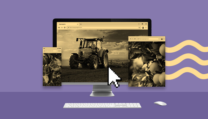 Ilustração: imagens do setor agrícola aparecem em diferentes telas: um desktop, um smartphone e um tablet.