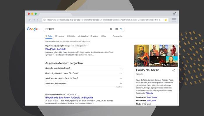 Resultado do Google para a busca por "são paulo". Dessa vez, o resultado se refere ao apóstolo. 