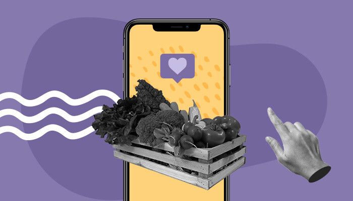Ilustração: uma caixa com verduras em frente à tela de um dispositivo móvel. Uma mão parece se preparar para clicar sobre a tela.