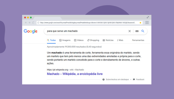 Print de tela: resultado de busca do Google para "para que serve um machado".
