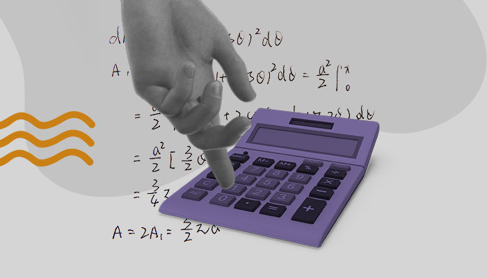 Ilustração: uma mão digita números em uma calculadora.