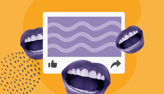 Ilustração abstrata: três bocas sorriem ao redor de um post em uma rede social.